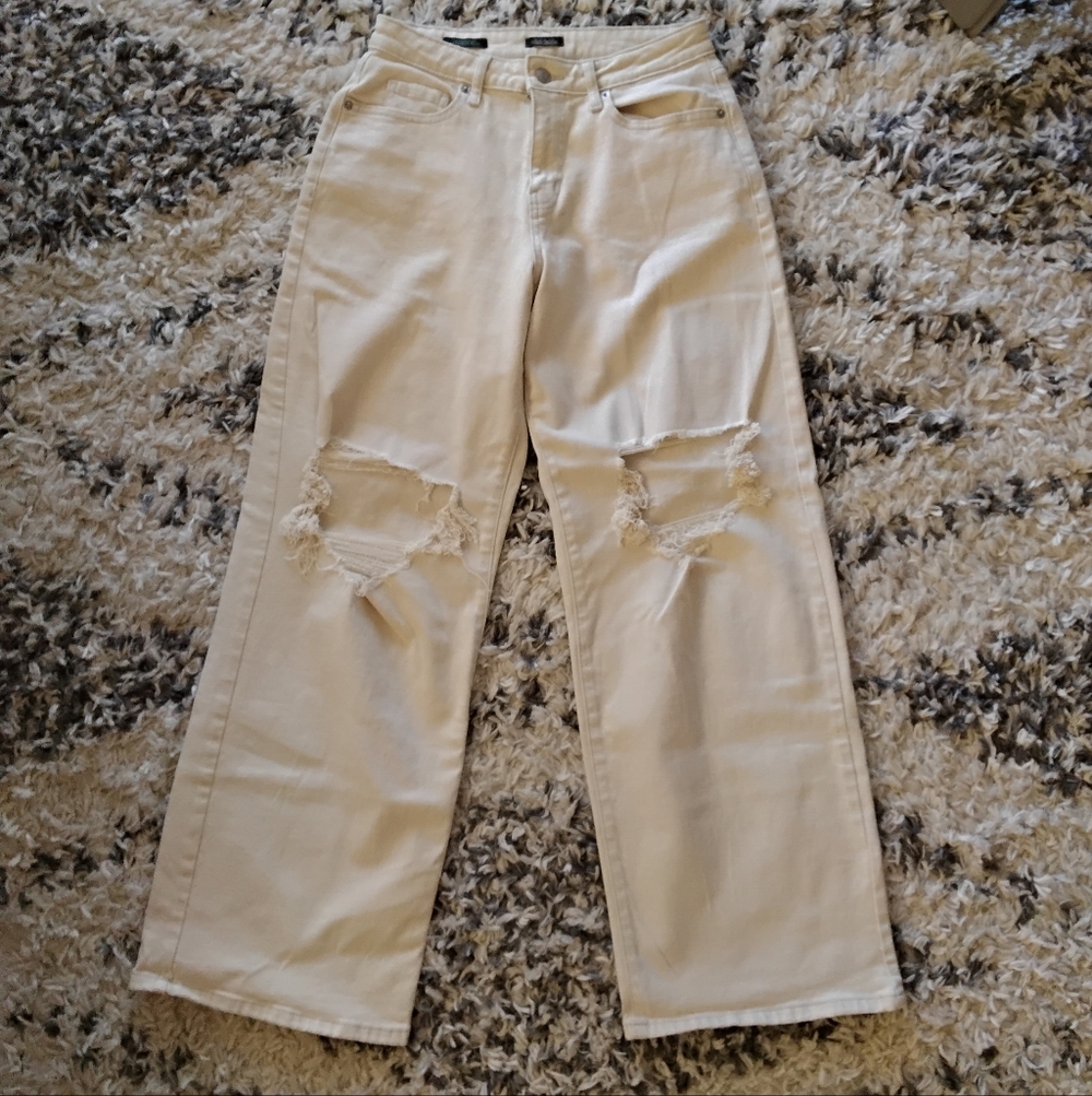 Wild Fable Cream Distressed Straight Leg Jeans Ripped Wide Leg